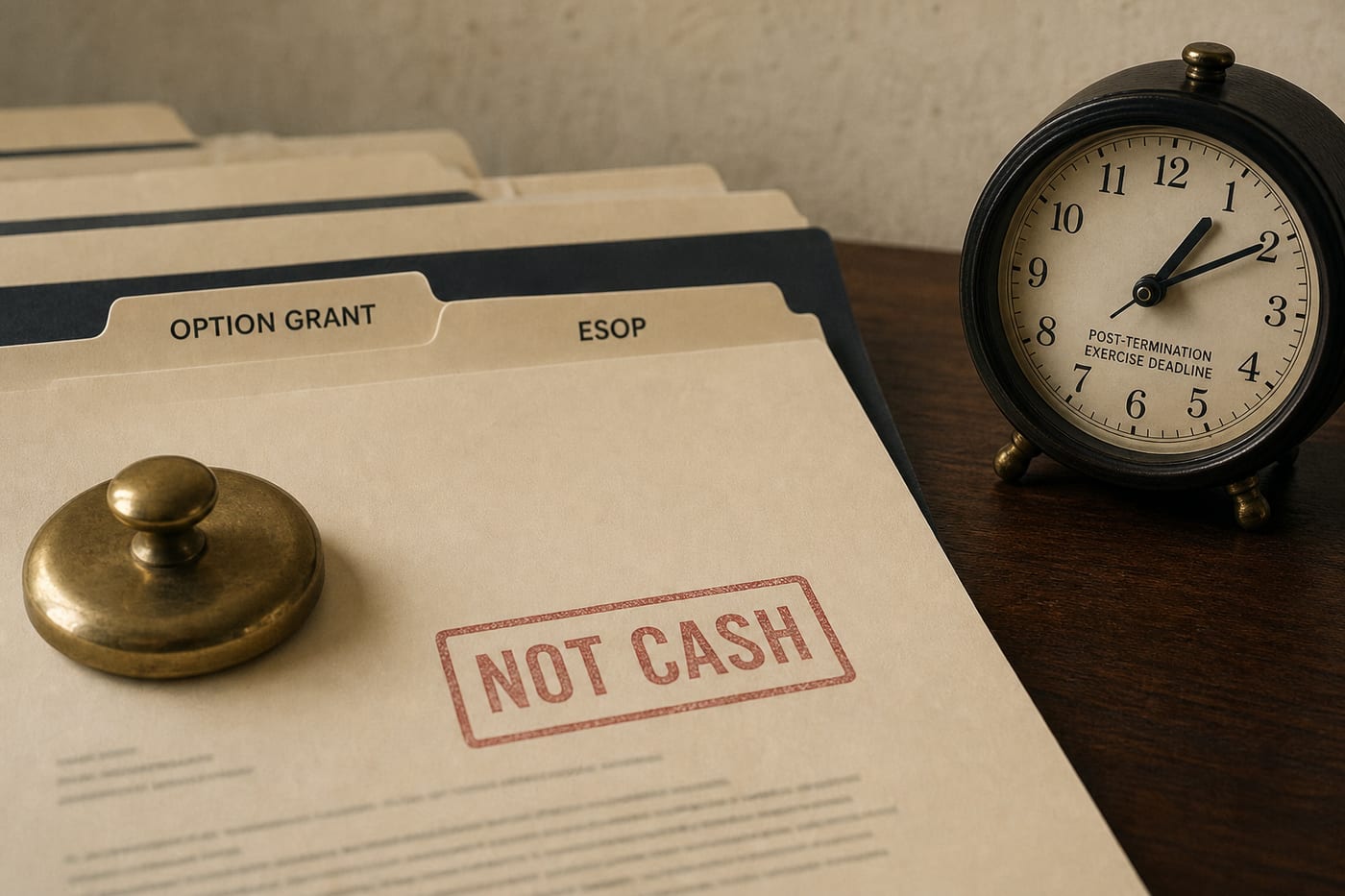 An option grant folder and an ESOP folder next to a desk clock
