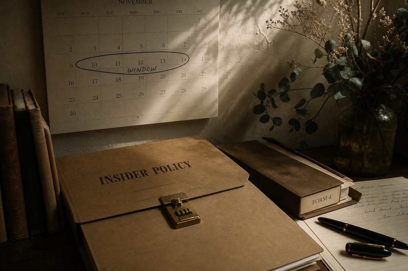 A trading-window calendar, an insider policy folder, and a Form 4 filing